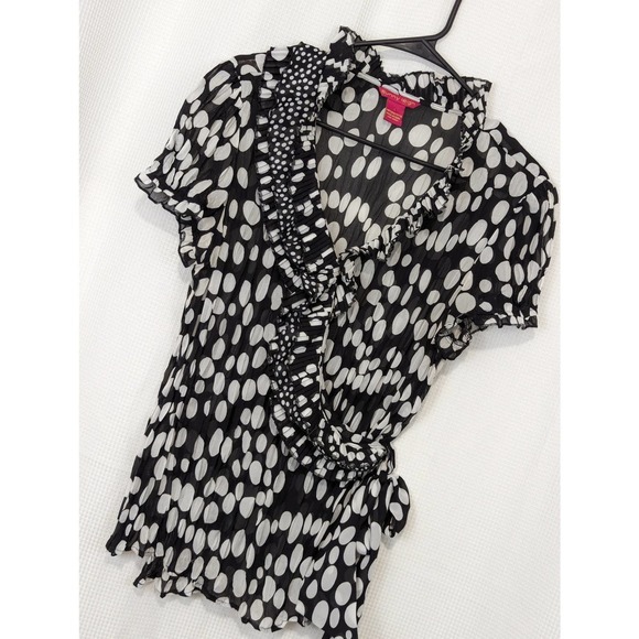 NWOT! SUNNY LEIGH! "SCRUNCHY" BLACK, TAN POLKA DOTS, RUFFLED BLOUSE, TOP! SZ L - Picture 6 of 6